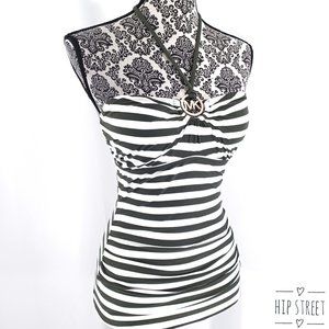 MICHAEL KORS Halter Strap Ruche Stripe Swimsuit Tankini Top XS